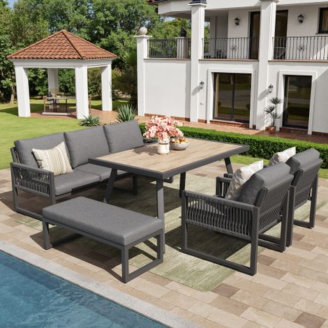 Ensemble de salon de jardin, Canapé d'extérieur 6-7 places, ensemble de salon de jardin pour balcon terrasse, avec grande table à manger, coussins d'assise et de dossier de，Résistant aux intempéries
