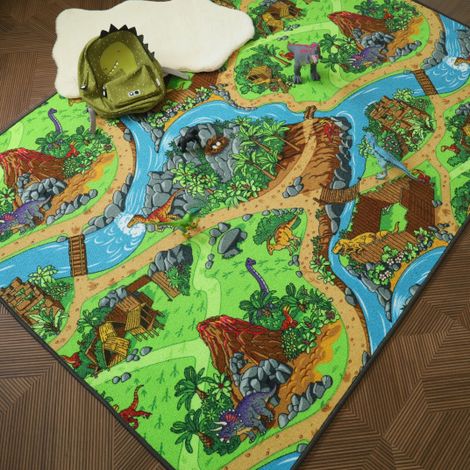 Tapis de jeu enfant - Circuit de voiture - Volcans et dinosaures - 145 x 200 cm (1/5)