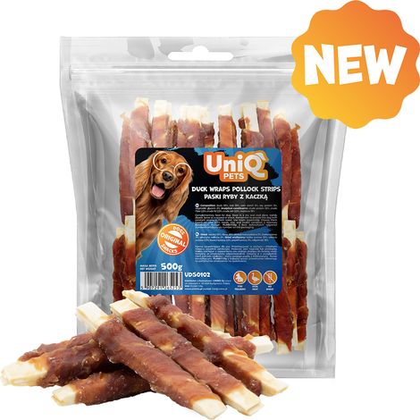 Golosinas carnosas Uniq Pets PARA PERROS 500 g de tiras de pescado con pato (1/4)
