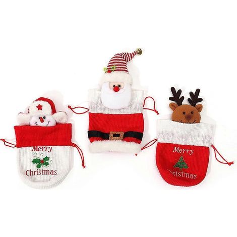 3 Pièces Pochettes Cadeaux en Tissu Noël, Poupées Tricotées pour Bonbons, Décorations Festives (1/4)