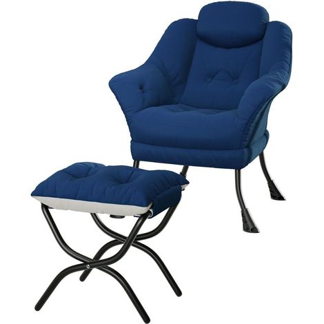 Bequemer Sessel mit Hocker, gepolsterter Lounge-Sessel mit Armlehnen und Seitentasche, blau (1/5)