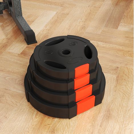 Set de 4 discos de peso para barra OKWISH, 2 x 10 kg y 2 x 5 kg, orificio central Ø 30 mm, negro (1/5)