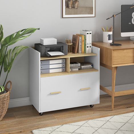 Armario Archivador con Ruedas Cajón Barras Colgantes para Tamaño A4 y 2 Compartimentos 76x40x75,5 cm Roble y Blanco (1/5)