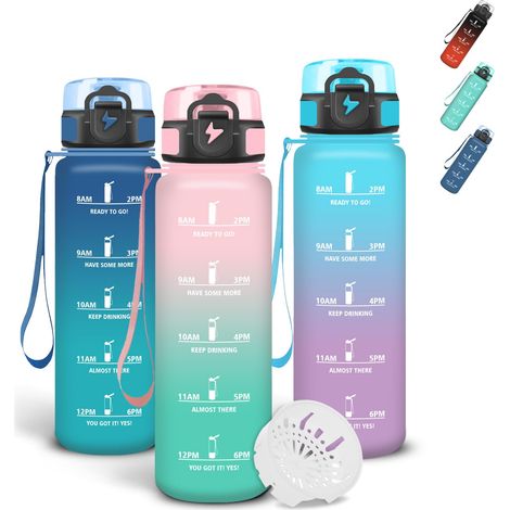 Gourde 500ml, Anti Fuite Gourde Enfant, Bouteille Motivationnelle avec Filtre, Avec Marqueur de Temps, Verrou de Sécurité, Gourdes Graduée pour 1 Journee pour Gym, Velo, Extérieur (1/5)