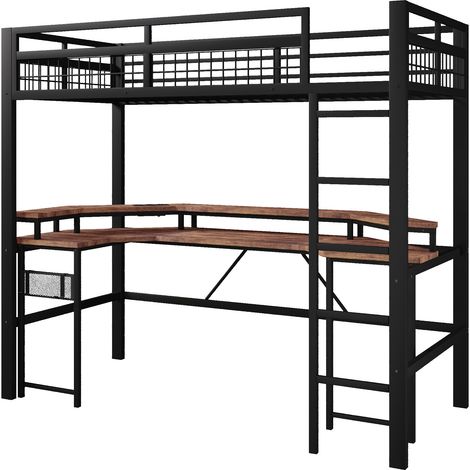 Letto a soppalco 90x200 cm in metallo con scrivania, LED, USB-C e prese, nero (1/5)
