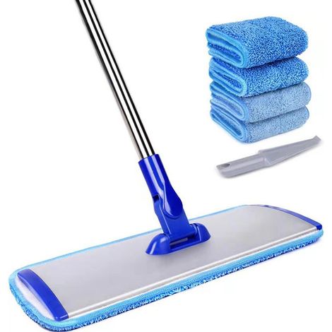 Vadrouille Plate - 18 Pouces - Tête Microfibre - Poignée Acier Inoxydable - Pour Sol Dur - 4 Tampons