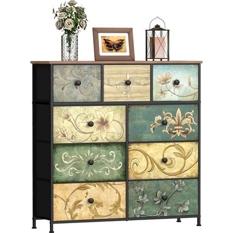 9 Drawer Chest of Drawers Bedroom Industrial Cabinet Metal Frame Wooden Tray Fabric Drawers Living Room Nursery Hallway Rustic (1/5)