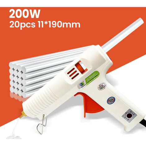 Pistola de pegamento caliente de 200 W, temperatura ajustable de 100 °C a 220 °C, antiflujo, con 20 barras de pegamento de 11 x 190 mm (1/5)