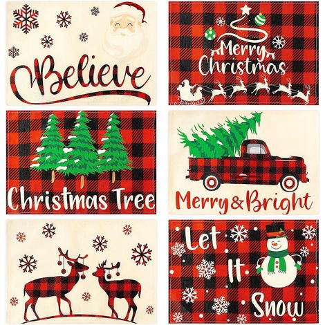 6 Pieces (12 X 18 Inches) Merry Bright Buffalo Plaid Christmas Placemats, Merry Christmas Winter Snowflake Truck Christmas Tree Table Mats Washabl