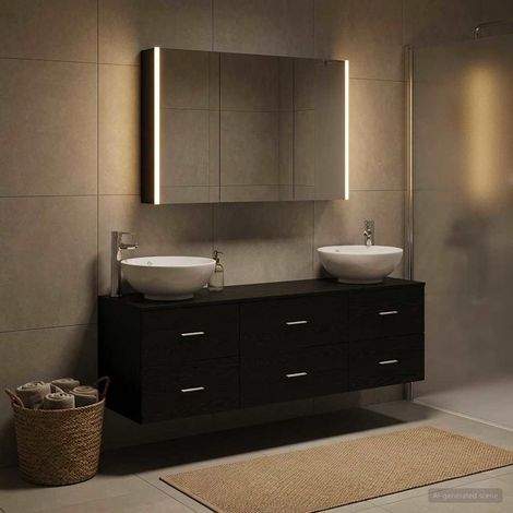 Ensemble meuble salle de bain 4 pièces chêne noir avec miroir LED USB, armoire, vasques et rangements muraux intégrés (1/5)