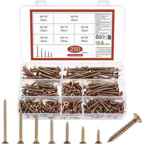 250 Vis à Bois Autotaraudeuses M4 - Tête Plate Croisée, Autoperceuses, Assortiment Pour Cloisons Sèches Multi-usages - M4x (16/25/30/35/40/50 mm) (1/5)
