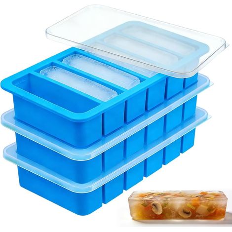 Pack of 3 Silicone Freezer Moulds, BPA-Free Soup Freezing Containers, 6 Compartments, Easy Removal, Food-Safe, Ice Cube Tray with Lid for Ice Cubes, Broth, Sauce, and Fruit Purees, Blue (1/5)