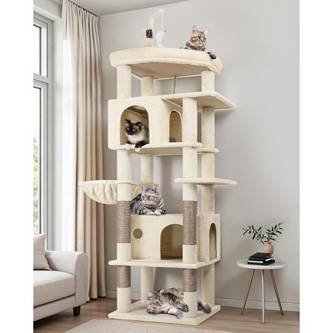 1 Arbre à Chat, 2 Niches Spacieuses, Plateforme Rembourrée, Griffoir Sisal, Panier Doux, Pour 3-4 Chats Adultes