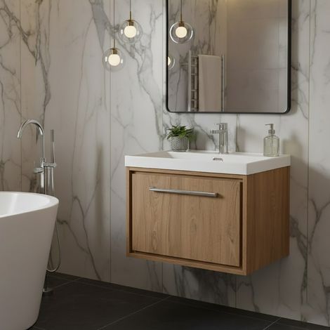 Hudson Reed Lille Wall Hung 1-Drawer Vanity Unit with 1TH Thin-Edge Basin 600mm Wide - Antique Oak (1/5)