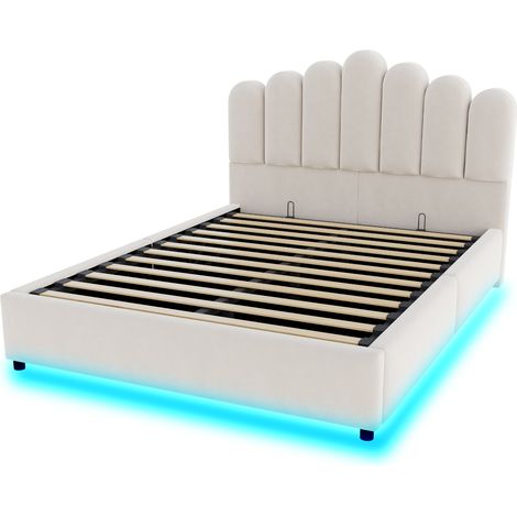 Cama tapizada 140 x 200 cm con arcón hidráulico, luz LED, terciopelo beige (1/5)