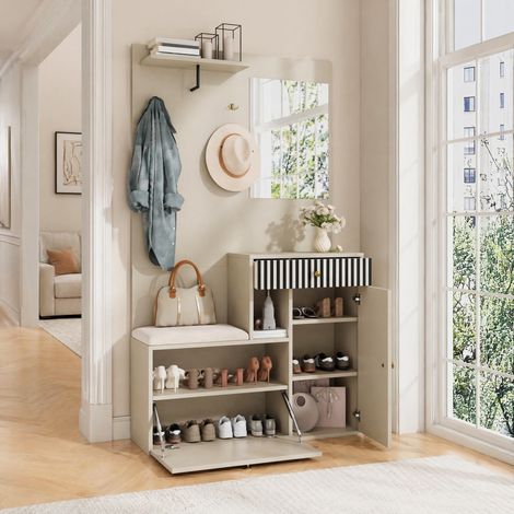 Mobile ingresso con specchio e seduta MDF beige OKMYHOME (1/5)