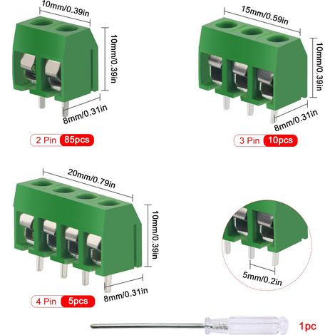 YIXISI 100 Pièces PCB Vis Connecteurs, 5mm Pas 2/3/4 Broches, pour Arduino (85 x 2, 10 x 3, 5 x 4, Vert) (1/4)