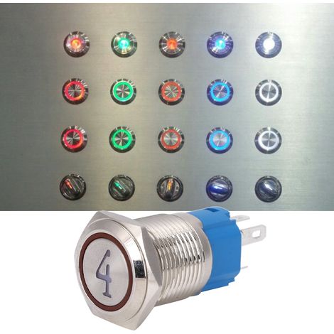 2 boutons-poussoirs métalliques à 5 broches, tête plate de 16 mm, à réarmement automatique, avec voyant lumineux, 424 V CC, rouge (1/5)