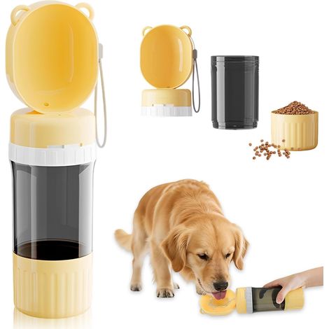 2-in-1 Hunde-Trinkflasche, Wasserspender und Futterbehälter, ideal für Reisen und Spaziergänge, auslaufsicher, leicht zu reinigen, Fassungsvermögen 400 ml, Futterkapazität 180 ml.