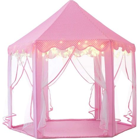 1 tente de jeu pour enfants, château hexagonal, rose, 140 x 135 cm, avec guirlande LED étoilée, intérieur/extérieur (1/5)