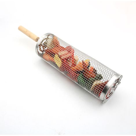 Set di cestelli per griglia impilabili e arrotolabili con manico in legno, cestello per griglia su ruote, griglia in acciaio inox, cestello per grigliare con gancio