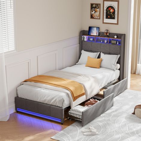Lit 90x200 cm avec rangement,Tête de lit rembourrée avec station de recharge USB et éclairage LED,Cadre de lit avec 2 tiroirs de rangement,tissu lin,Gris (1/5)