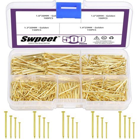 500-teiliges Set mit Nägeln in 4 Größen: verzinkte Goldnägel, kleine Nägel, Rundkopfnägel, Ziernägel, Wandnägel zum Aufhängen (1/5)