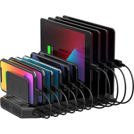 60W Station de Charge 10 Ports, Station de Chargement Multi-Appareil avec Séparateurs Réglables et SmartIC, Compatible avec Téléphone, Tablette et Plus (1/5)