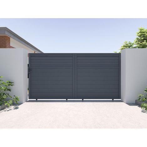 Portail électrique coulissant aluminium persienné L374 x H180 cm anthracite - VIAZO (1/4)