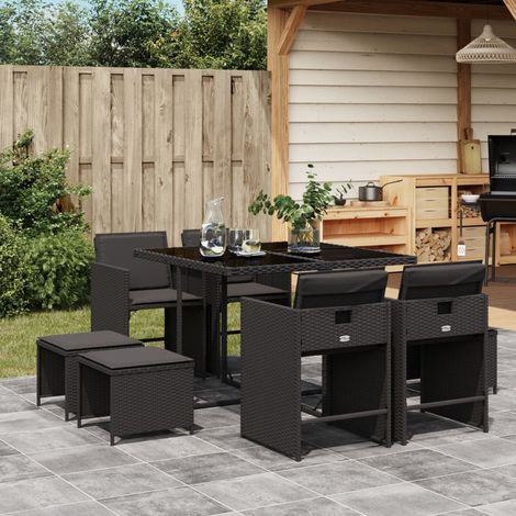 Set de comedor de jardín 9 pzas y cojines ratán sintético negro vidaXL (1/5)