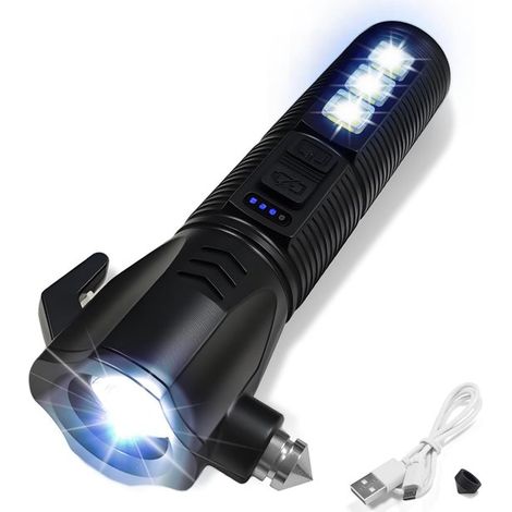 Linterna de emergencia para coche, color negro, iluminación bicolor de 2000 lúmenes, indicador de 4 niveles, rompecristales y cortador de cinturones de seguridad, recargable por USB (108 g).