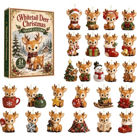Adventskalender 2026 mit Schneemann und Reh – 24 flache Acryl-Hängeornamente – niedliche Weihnachtsdekoration mit Reh und Schneemann – Christbaumschmuck und einzigartiges Geschenk für Tierliebhaber (1/5)