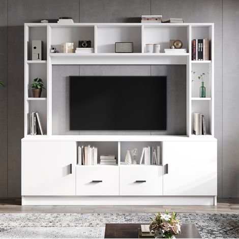TV-Wohnwand 180x35x170 cm Weiß aus Spanplatte mit 2 Schränken, 2 Schubladen und 11 Fächern (1/5)