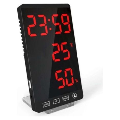 Horloge à miroir LED, thermomètre et hygromètre, horloge météo électronique, réveil, lettres rouges en gras (1/4)