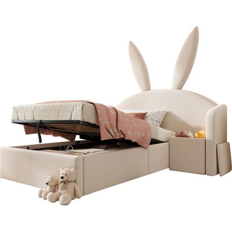 Lit rembourré 90x190 cm avec tête de lit oreilles de lapin, lit pour enfant avec rangement hydraulique et table de chevet, lit en velours, beige (sans matelas)