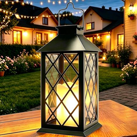 35cm Lanterne Solaire Exterieur, 2 Pièces Suspension Lampe Solaire avec Bougie LED Flamme Vacillante, IP44 Étanche Deco Jardin Exterieur pour Table Terrasse Funeraire Balcon Decoration - Noir [Classe 