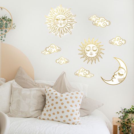 Sticker décoratif, illustration mistic doré soleil et lune dans les nuages , 68 cm X 48 cm (1/5)