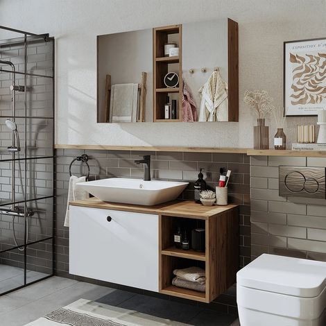 Lotus Bathroom Set of 2, Vanity Unit with Over Counter Wash Basin / Bowl and Mirror Cabinet, 95 cm, Oak Effect and White (1/5)