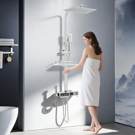 Ensemble de douche thermostatique 4 modes avec douchette et pommeau de douche en laiton - Bouton piano - Affichage numérique - Colonne de douche réglable avec panier de rangement (1/5)