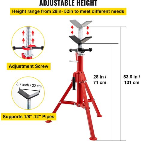 Support de tuyau tête en V 0,3-30,5 cm, hauteur réglable 71,1-132,1 cm, capacité 1133,9 kg, pliable portable, corps en acier au carbone (1/5)
