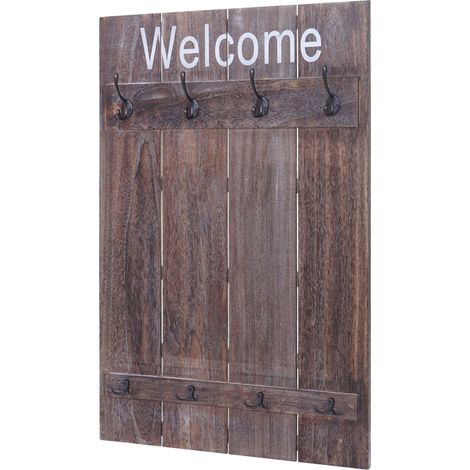 Appendiabiti da parete Cartello di benvenuto stile vintage con 8 ganci 91x60 cm marrone naturale 040001001