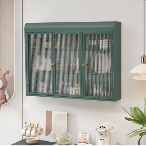 Armadietto pensile in metallo e vetro verde scuro, 3 ante, design ad arco per cucina, bagno e soggiorno (1/5)