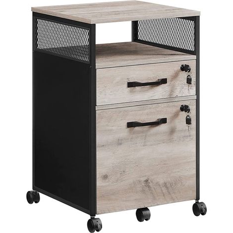 Caisson de bureau avec 2 tiroirs verrouillables meuble de rangement de bureau avec roulettes 41 x 44 x 66 cm compartiment ouvert cadre en acier style industriel gris (1/4)