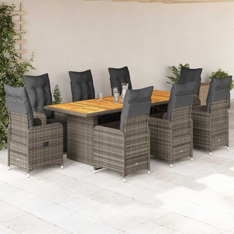 9-tlg. Garten-Bistro-Set mit Kissen Grau Poly Rattan (1/5)