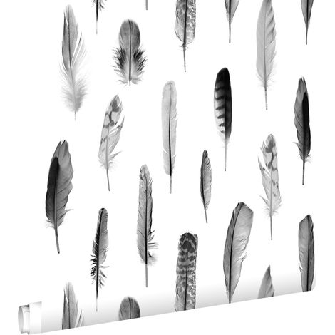 papier peint plumes noir et blanc mat - ESTAhome (1/5)