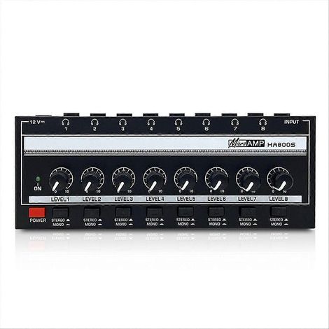 Amplificateur casque 8 canaux avec commutateur stéréo/mono pour monitoring, contrôleur audio multi-voies, rack 19 pouces, entrées RCA/XLR, sorties casque indépendantes, usage studio pro. (1/5)
