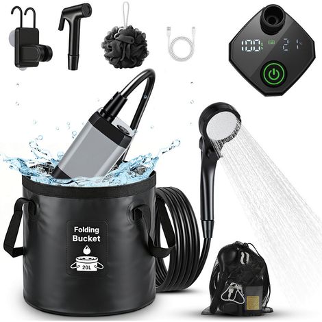 Jiubiaz Camping Dusche, 6000 mAh Tragbare Campingdusche mit 20L Falt-Eimer und Duschkopf, Außendusche für Garten, Camping, Haustier und Strand