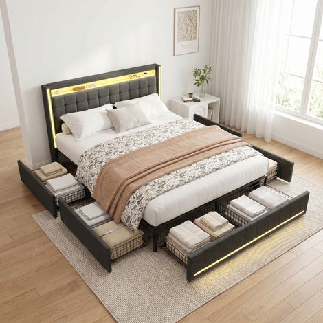 Polsterbett 180x200 cm, Doppelbett mit LED-Beleuchtung und USB-Ladestation, Modernes Jugendbett mit Stauraum, Bettgestell mit Kopfteil und Lattenrost, Leinen Grau, Ohne Matratze
