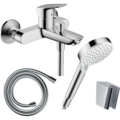 Pack mezclador mecánico de bañera mural HANSGROHE Logis + rociador de ducha Crometta EcoSmart + flexo Isiflex + soporte cromado