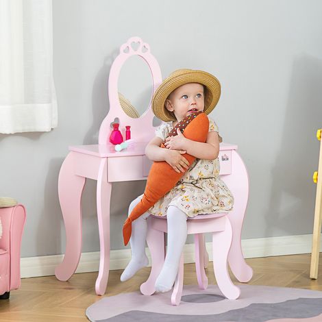 Coiffeuse Enfant Design Girly avec Motifs à Coeur - Tabouret Inclus - dimensions 60L x 36l x 88H cm - tiroir, Miroir - MDF - Rose